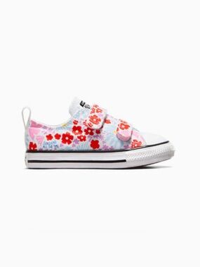 Converse Kids Floral Velcro Low Top Sneakers - White with Red & Pink Accents